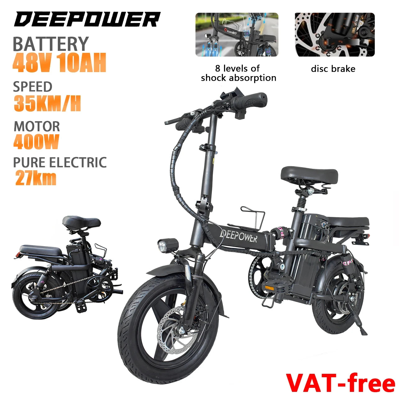 DEEPOWER Mini Foldable Ebike 400W Urban Electric Bicycle with Removable Battery