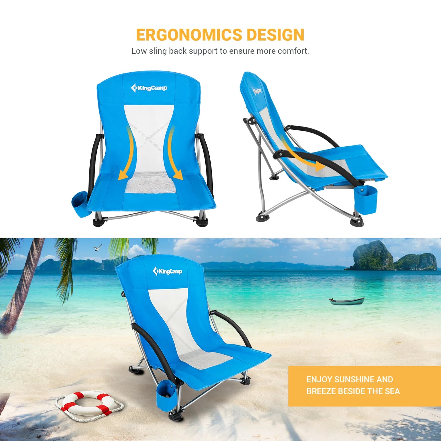 KingCamp 2 Low Seat Beach Chair Folding Chairs, Camping Concert, with Armrests and Cup Holder