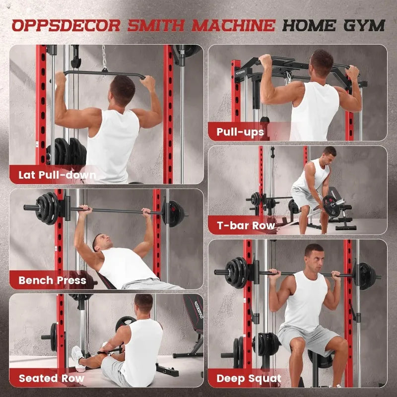 OPPSDECOR Smith Machine Power Rack All in One Home Gym Power Cage with LAT Pulldown