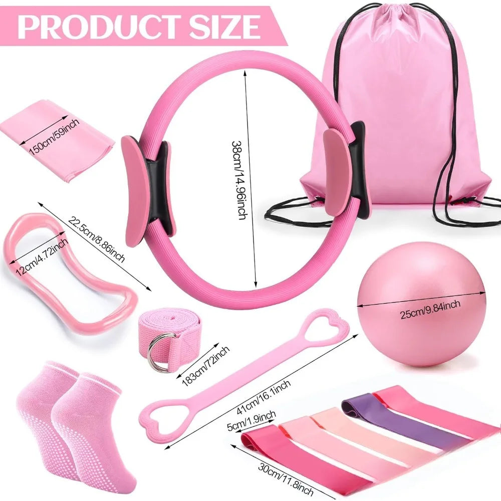 18 Women's Fitness Accessories Set with Pilates Balls Stretching Straps and Rings