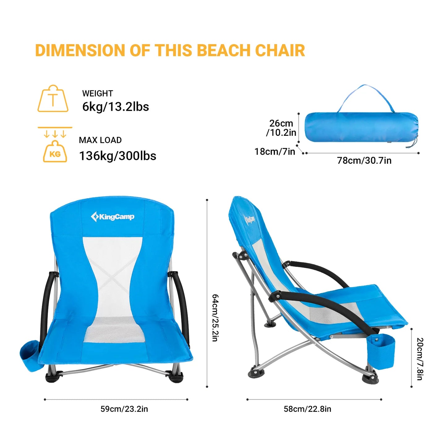 KingCamp 2 Low Seat Beach Chair Folding Chairs, Camping Concert, with Armrests and Cup Holder
