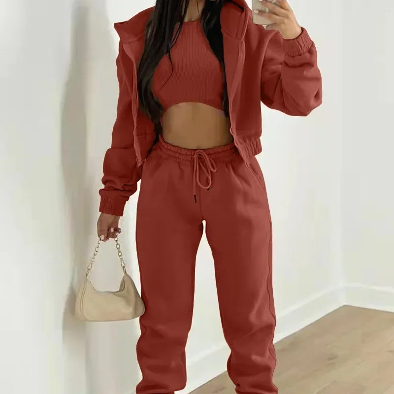 Mandylandy Women Three Piece Hooded Zipper Sweater Pants Set