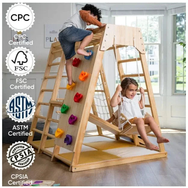 Indoor 6-in-1 Wooden Jungle Gym Climber Slide and Rock Wall Playset