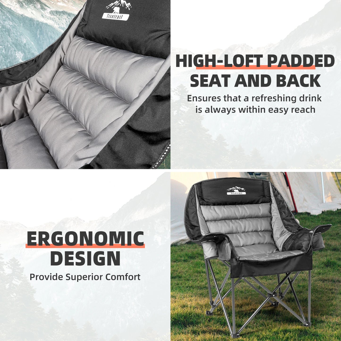 Tisetrail Oversized Padded Camping Chair Extra Large Camp Chairs For Adults With Side Pocket And Cup Holder Black & Gray