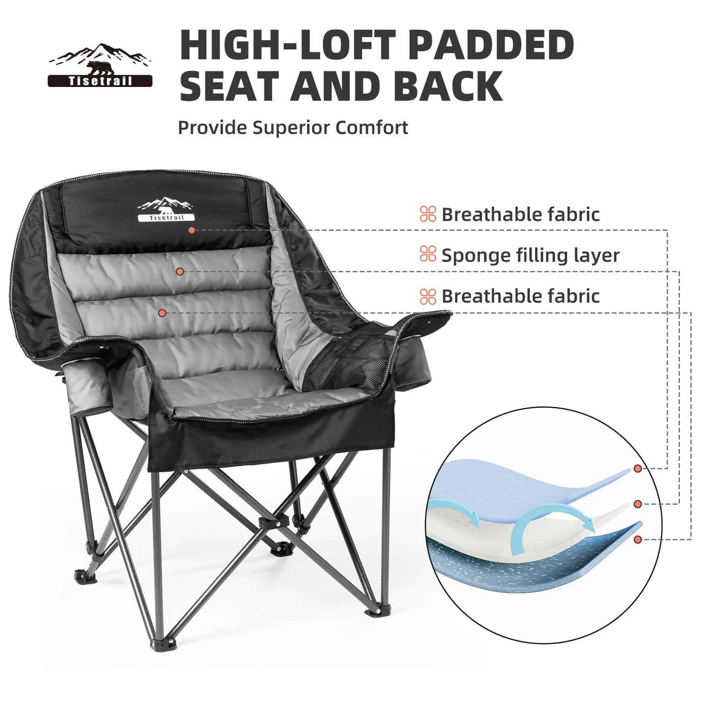 Tisetrail Oversized Padded Camping Chair Extra Large Camp Chairs For Adults With Side Pocket And Cup Holder Black & Gray