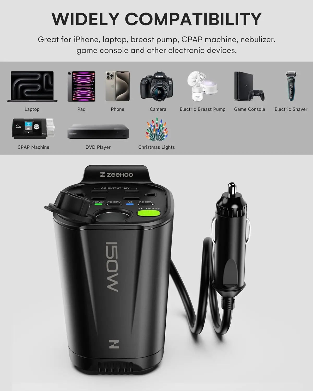 Hign Concerned 150W Car Power Inverter 12VDC To 110V AC