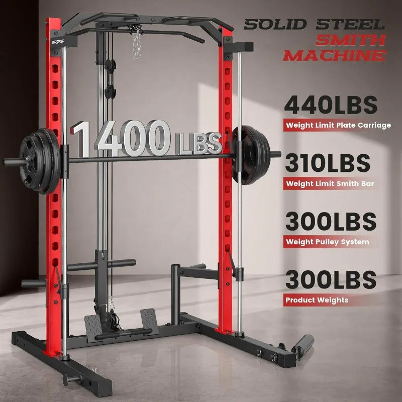 OPPSDECOR Smith Machine Power Rack All in One Home Gym Power Cage with LAT Pulldown