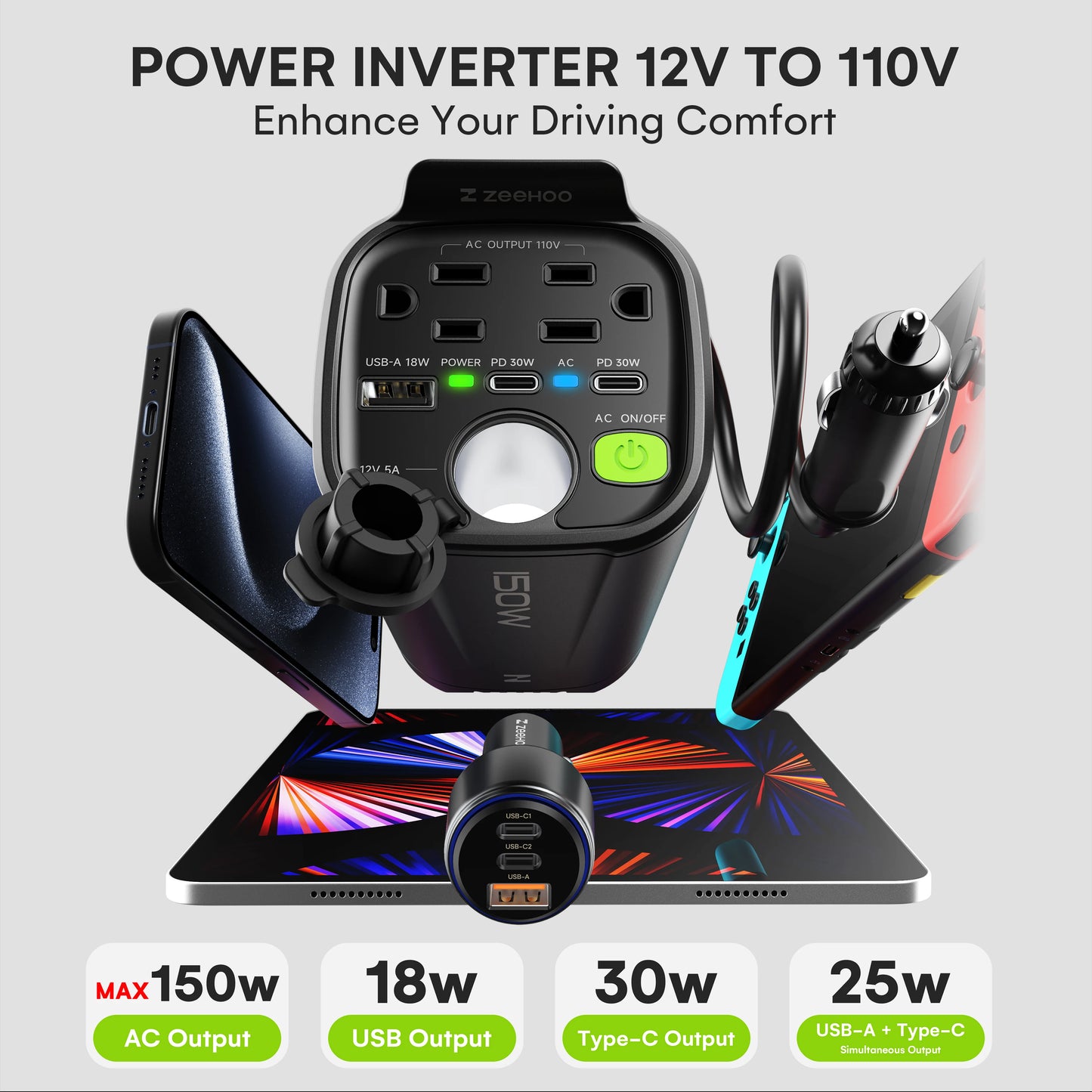 Hign Concerned 150W Car Power Inverter 12VDC To 110V AC