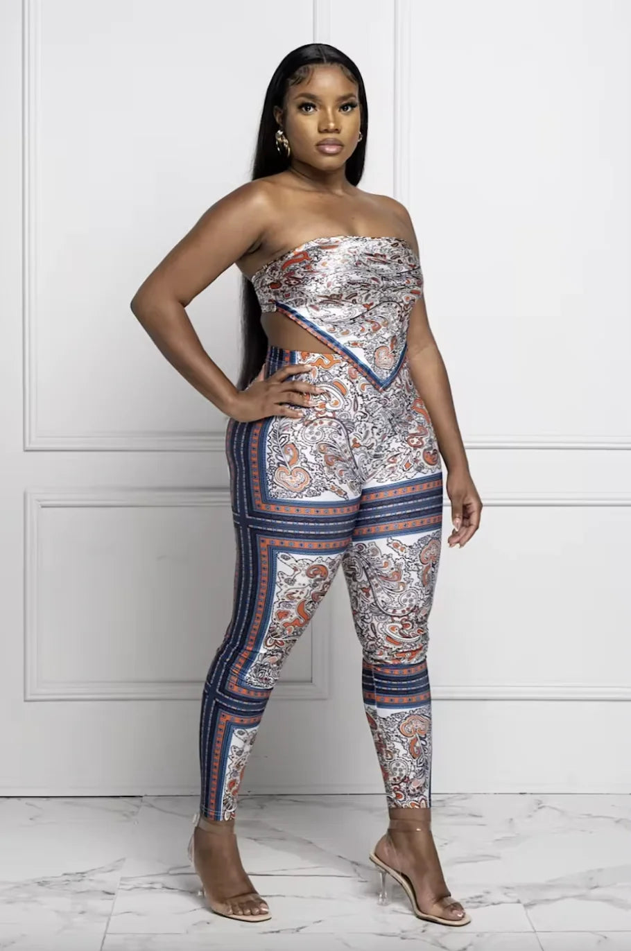 LEOSD Printed Satin Crop Top Pants Set