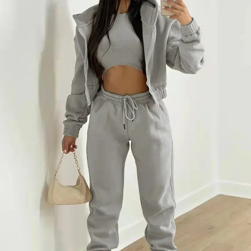 Mandylandy Women Three Piece Hooded Zipper Sweater Pants Set