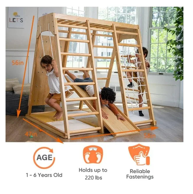 Indoor 6-in-1 Wooden Jungle Gym Climber Slide and Rock Wall Playset