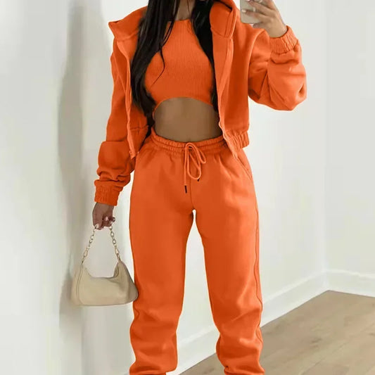 Mandylandy Women Three Piece Hooded Zipper Sweater Pants Set