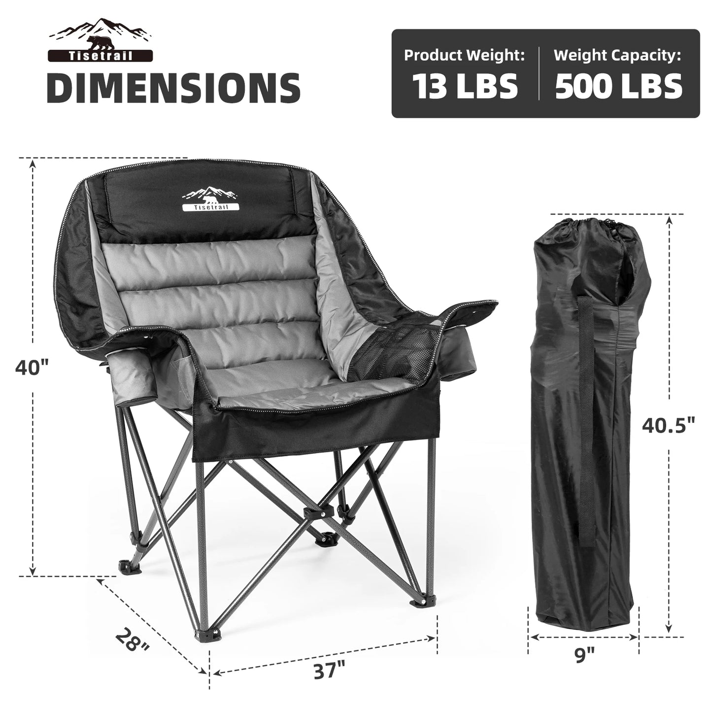 Tisetrail Oversized Padded Camping Chair Extra Large Camp Chairs For Adults With Side Pocket And Cup Holder Black & Gray