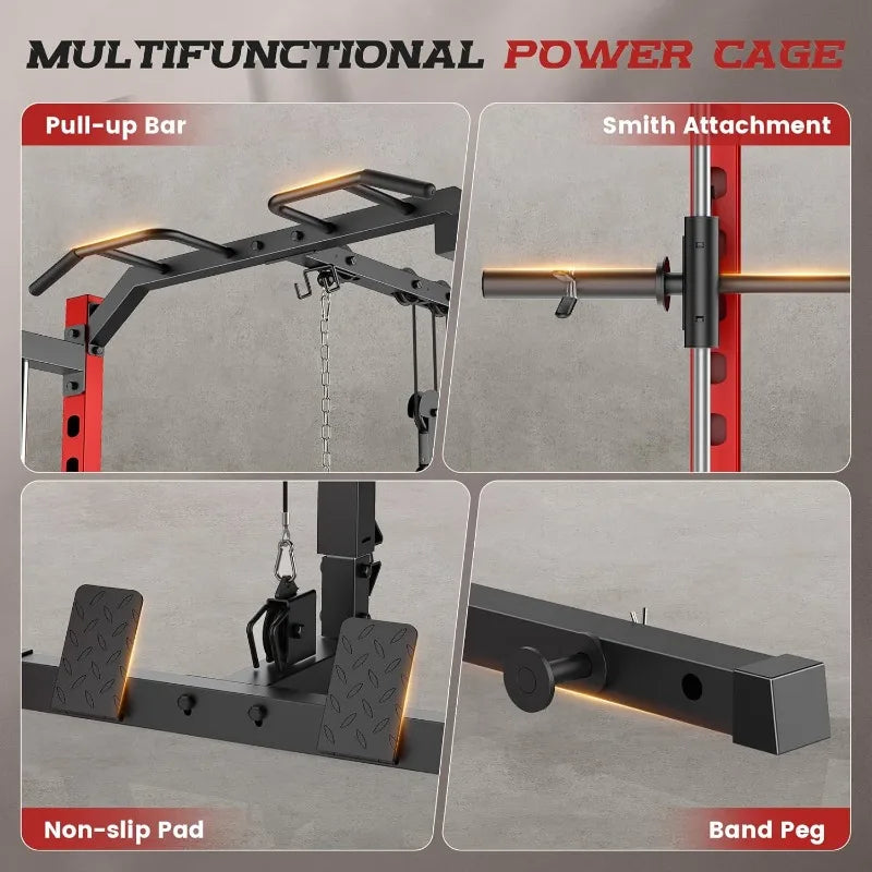 OPPSDECOR Smith Machine Power Rack All in One Home Gym Power Cage with LAT Pulldown