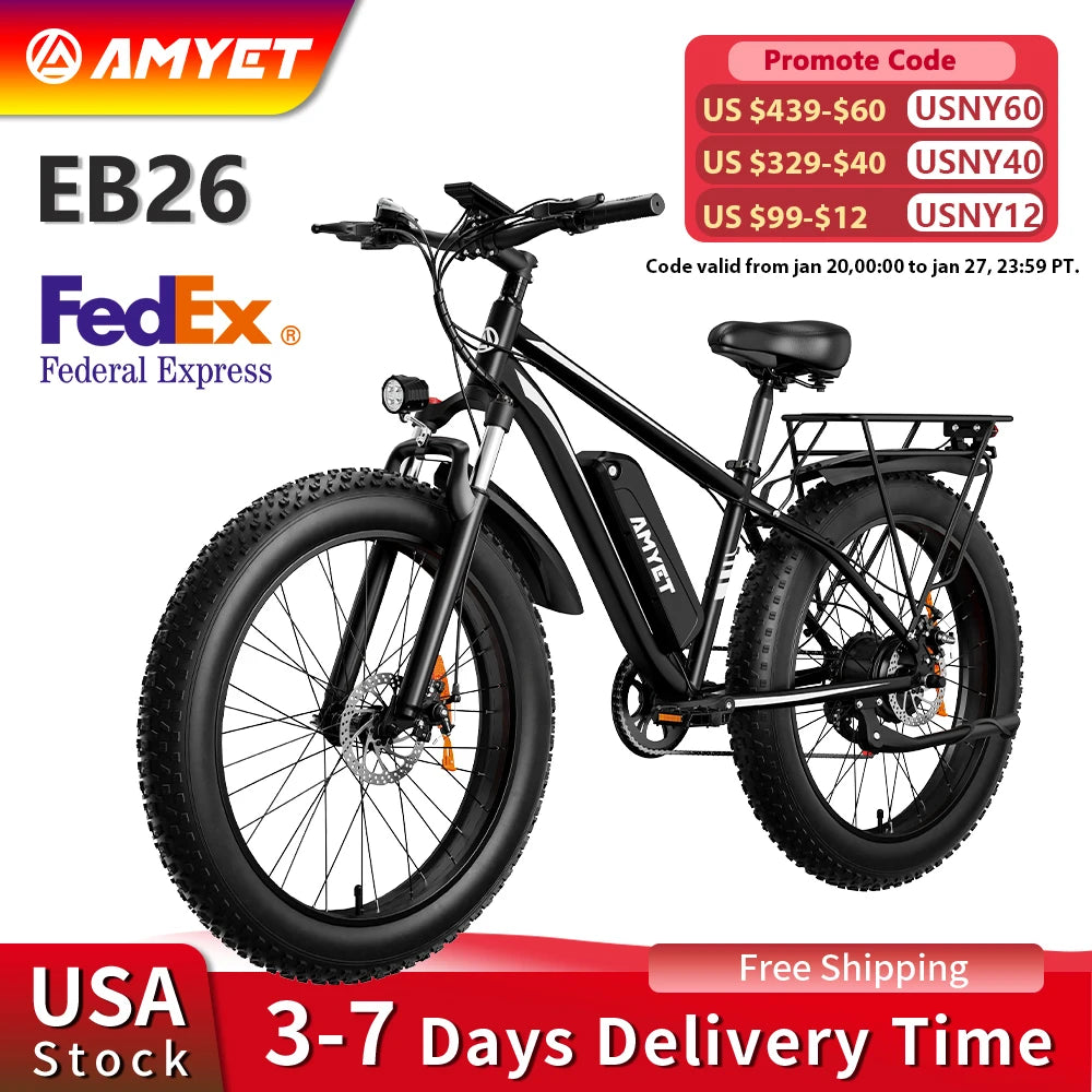 AMYET EB26 Electric Mountain Fat Tire Ebike 1000W 48V