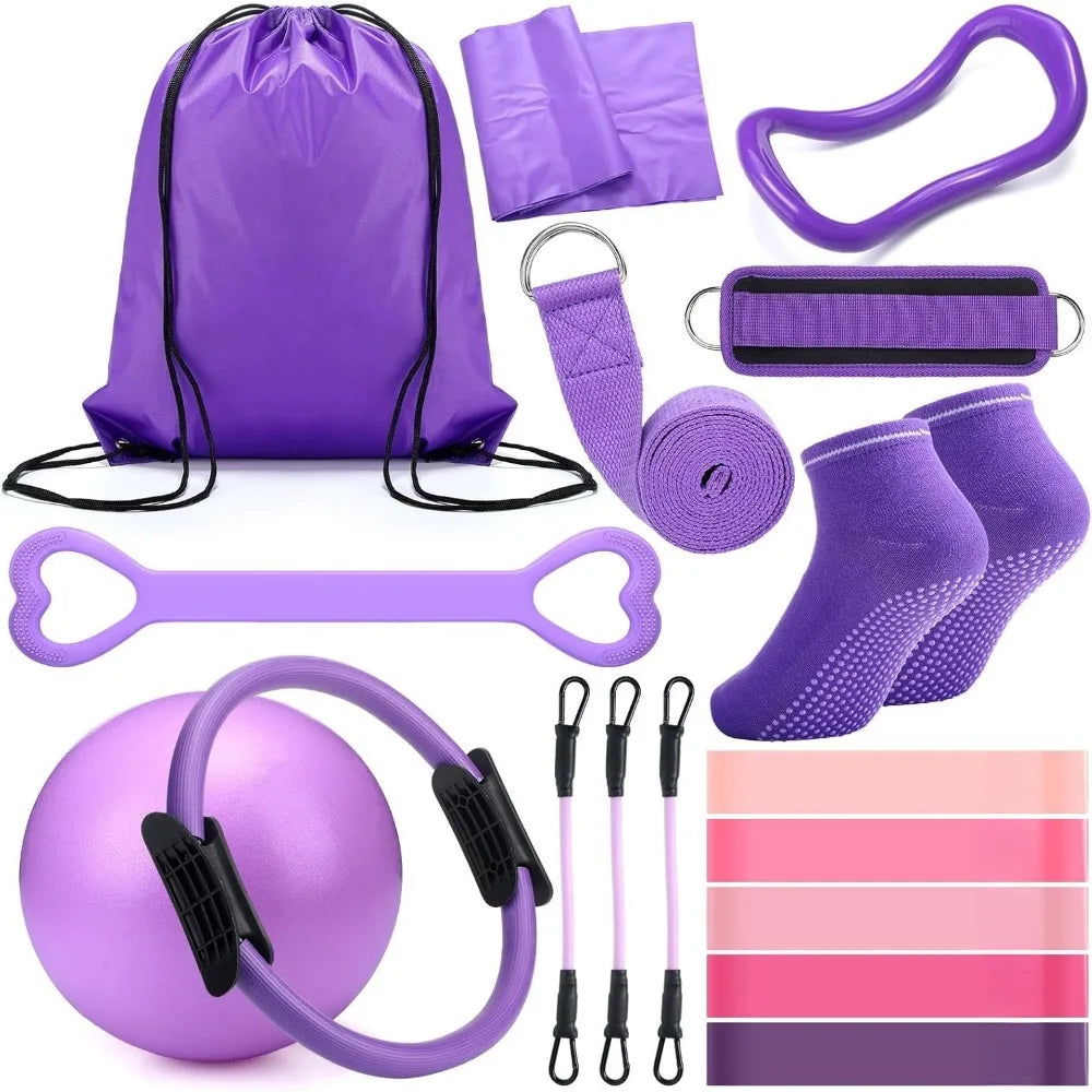 18 Women's Fitness Accessories Set with Pilates Balls Stretching Straps and Rings