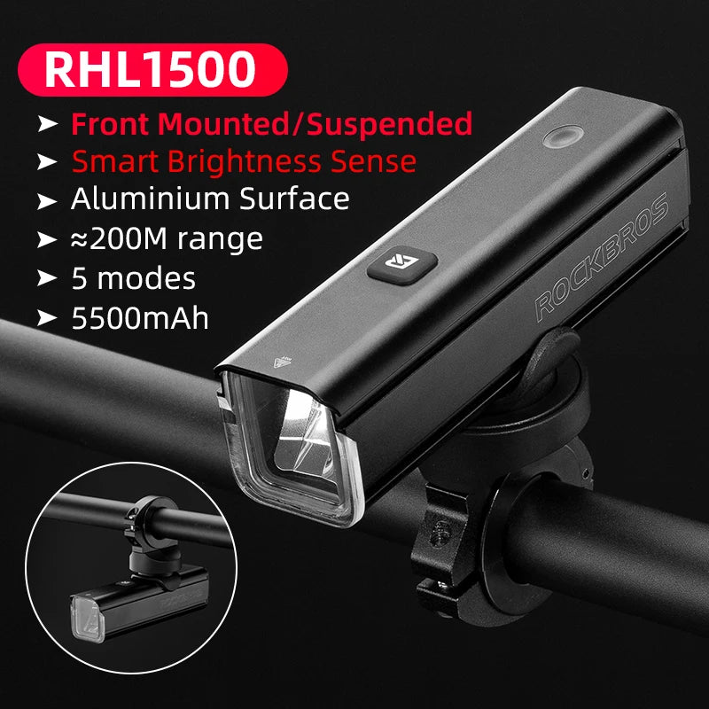 RockBros Bike Front Light 1500LM 5500mAh Aluminum Type C