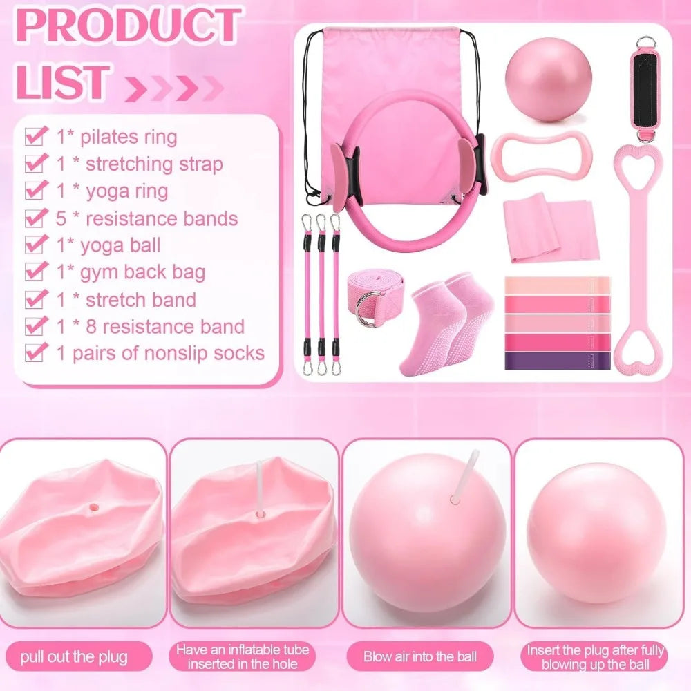 18 Women's Fitness Accessories Set with Pilates Balls Stretching Straps and Rings