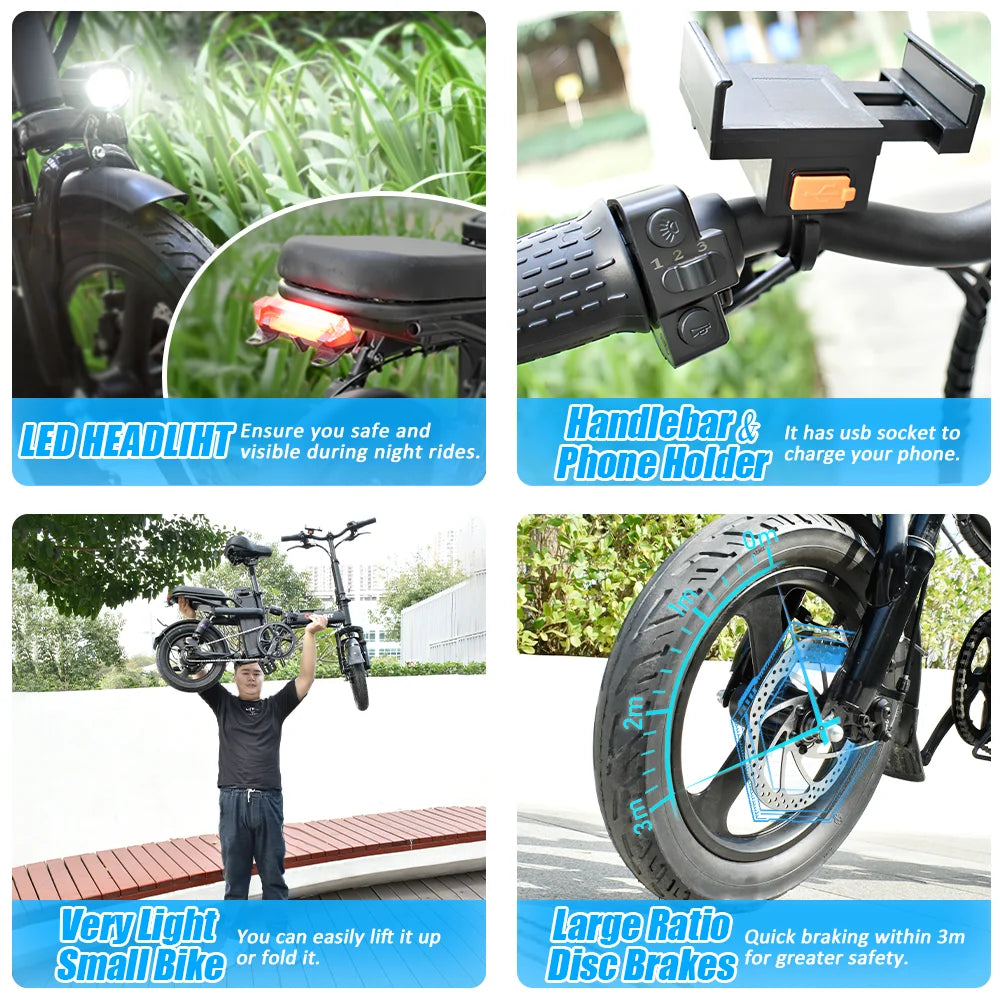 DEEPOWER Mini Foldable Ebike 400W Urban Electric Bicycle with Removable Battery