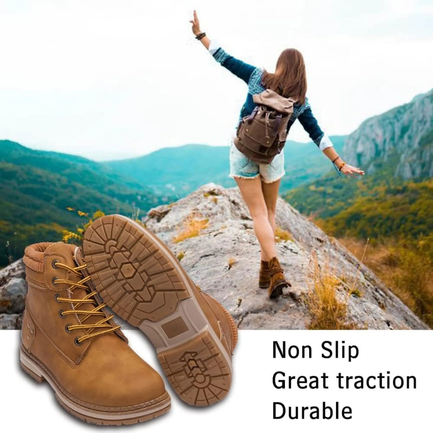 Women's Waterproof Hiking Combat Ankle Boots Lace Up Low Heel Booties