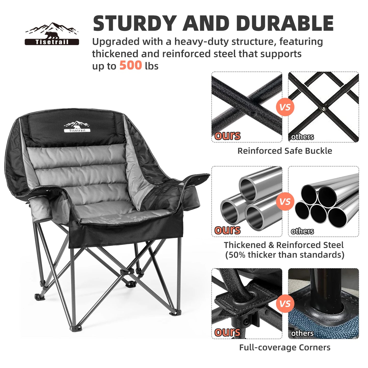 Tisetrail Oversized Padded Camping Chair Extra Large Camp Chairs For Adults With Side Pocket And Cup Holder Black & Gray