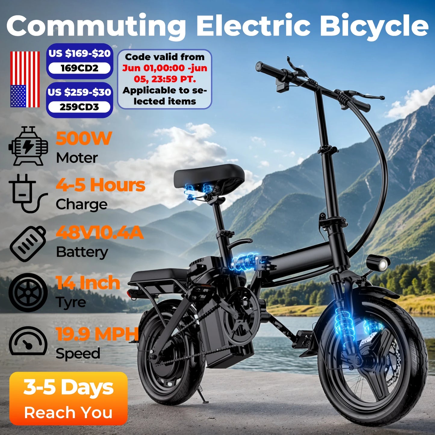LELEKUA 14 Inch Electric Bike Easy Fold Commuter