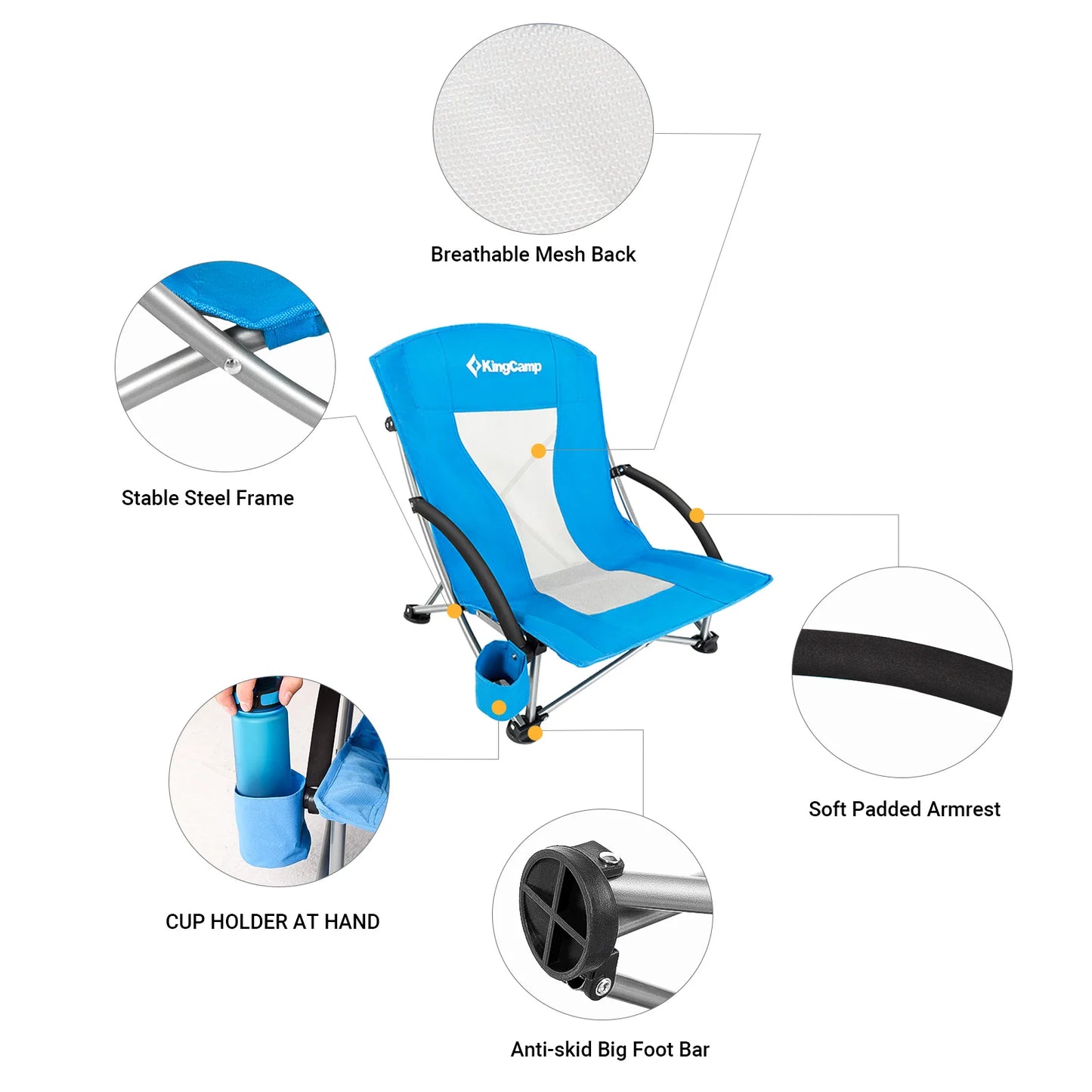 KingCamp 2 Low Seat Beach Chair Folding Chairs, Camping Concert, with Armrests and Cup Holder