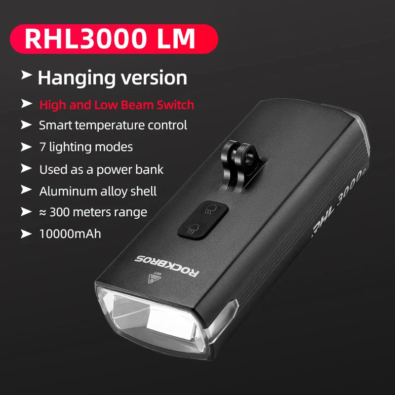 ROCKBROS 3000 Lumen Bike Light 10000mAh Power Bank Aluminum