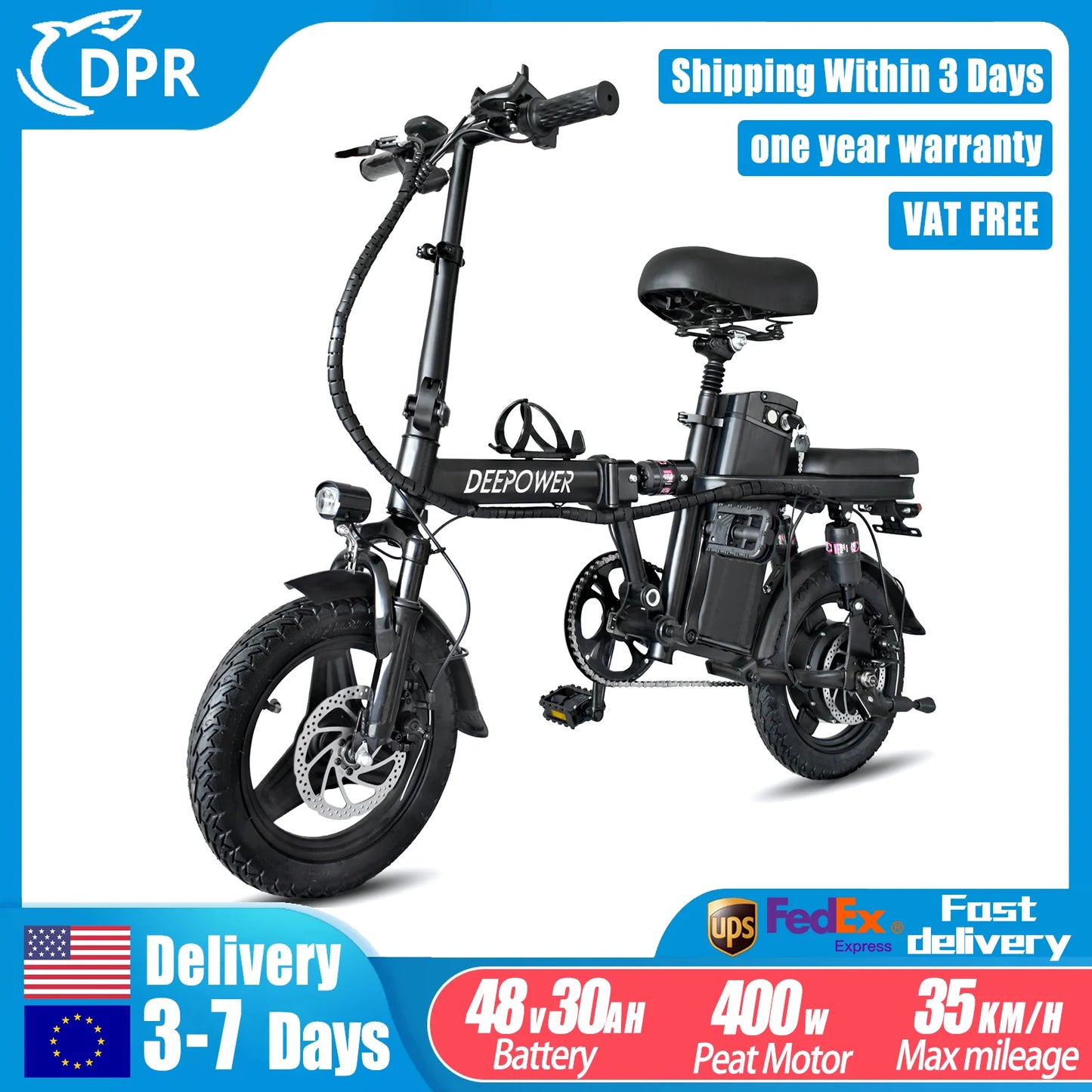 DEEPOWER Mini Foldable Ebike 400W Urban Electric Bicycle with Removable Battery