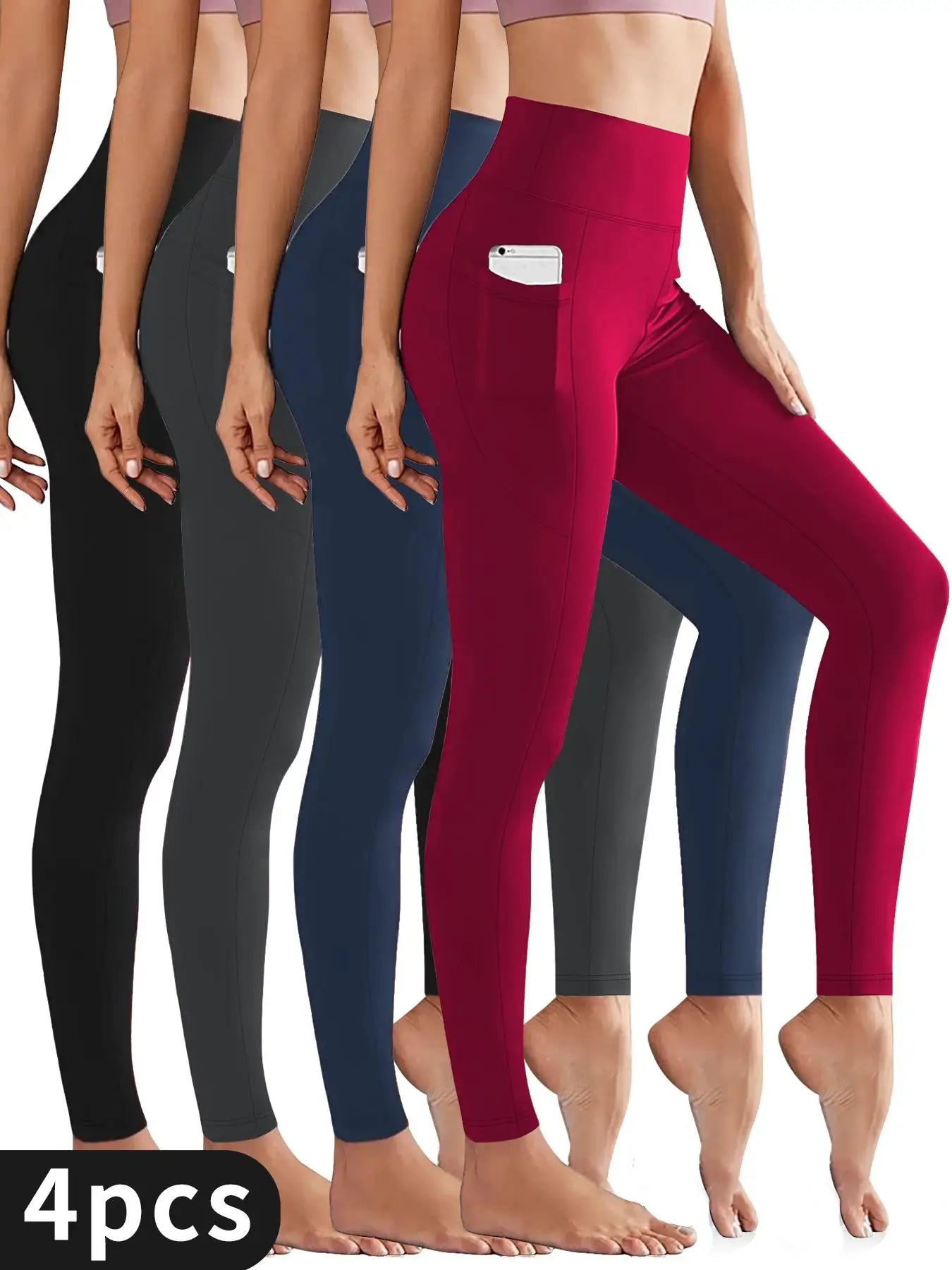 High-Waist Fleece-Lined Yoga Pants With Side Pockets 4 Pack