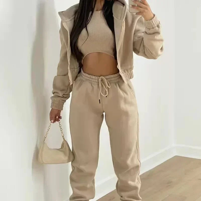 Mandylandy Women Three Piece Hooded Zipper Sweater Pants Set