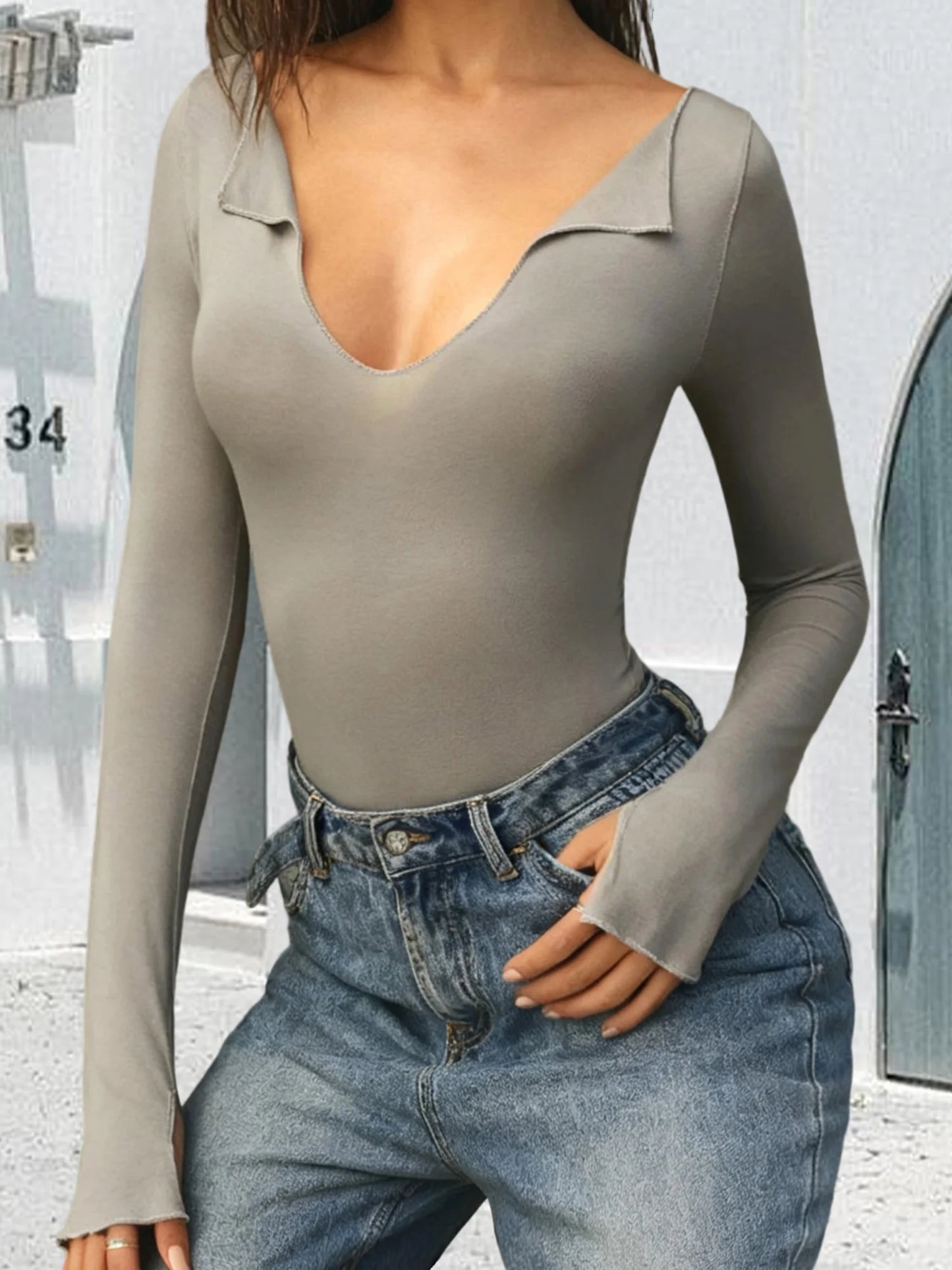 Womens Long Sleeve V Neck Yoga Gym Base Layer Shirt