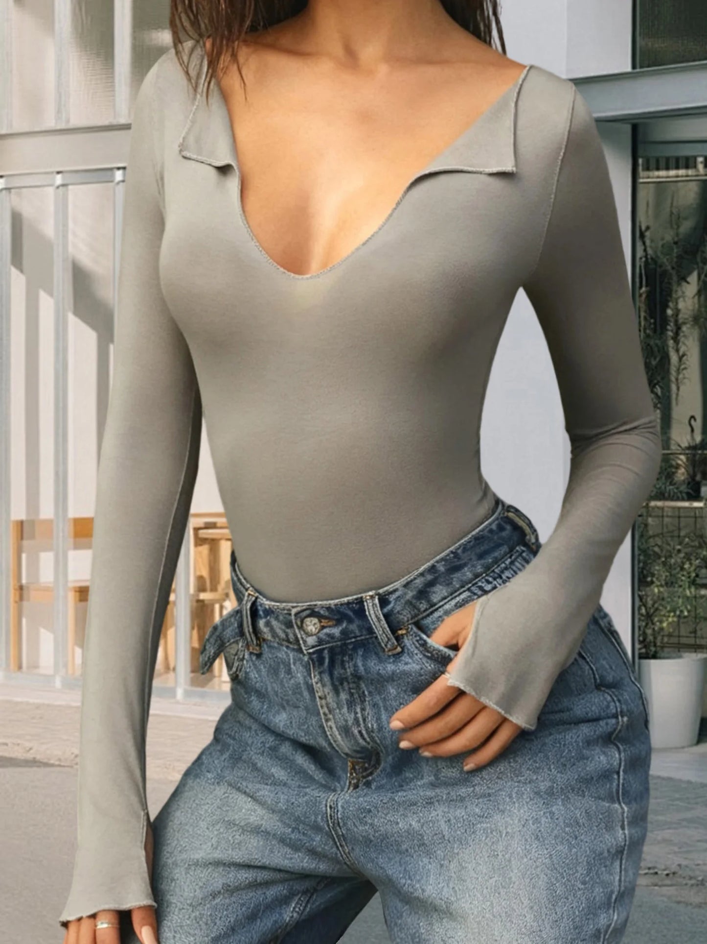 Womens Long Sleeve V Neck Yoga Gym Base Layer Shirt