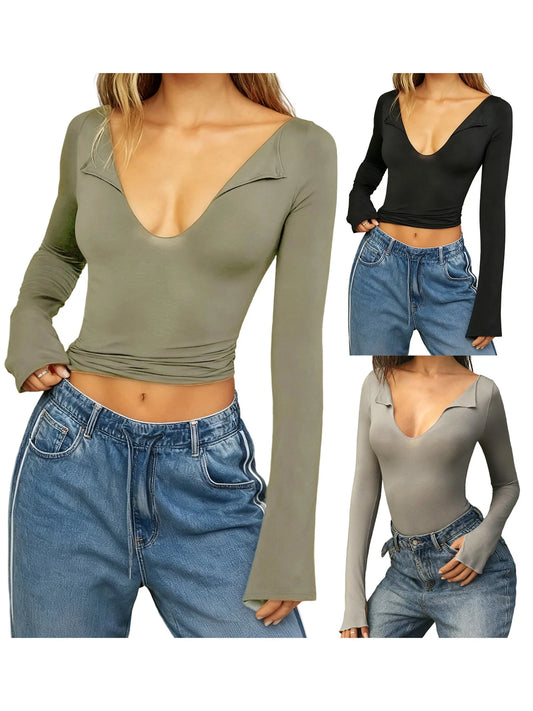 Womens Long Sleeve V Neck Yoga Gym Base Layer Shirt