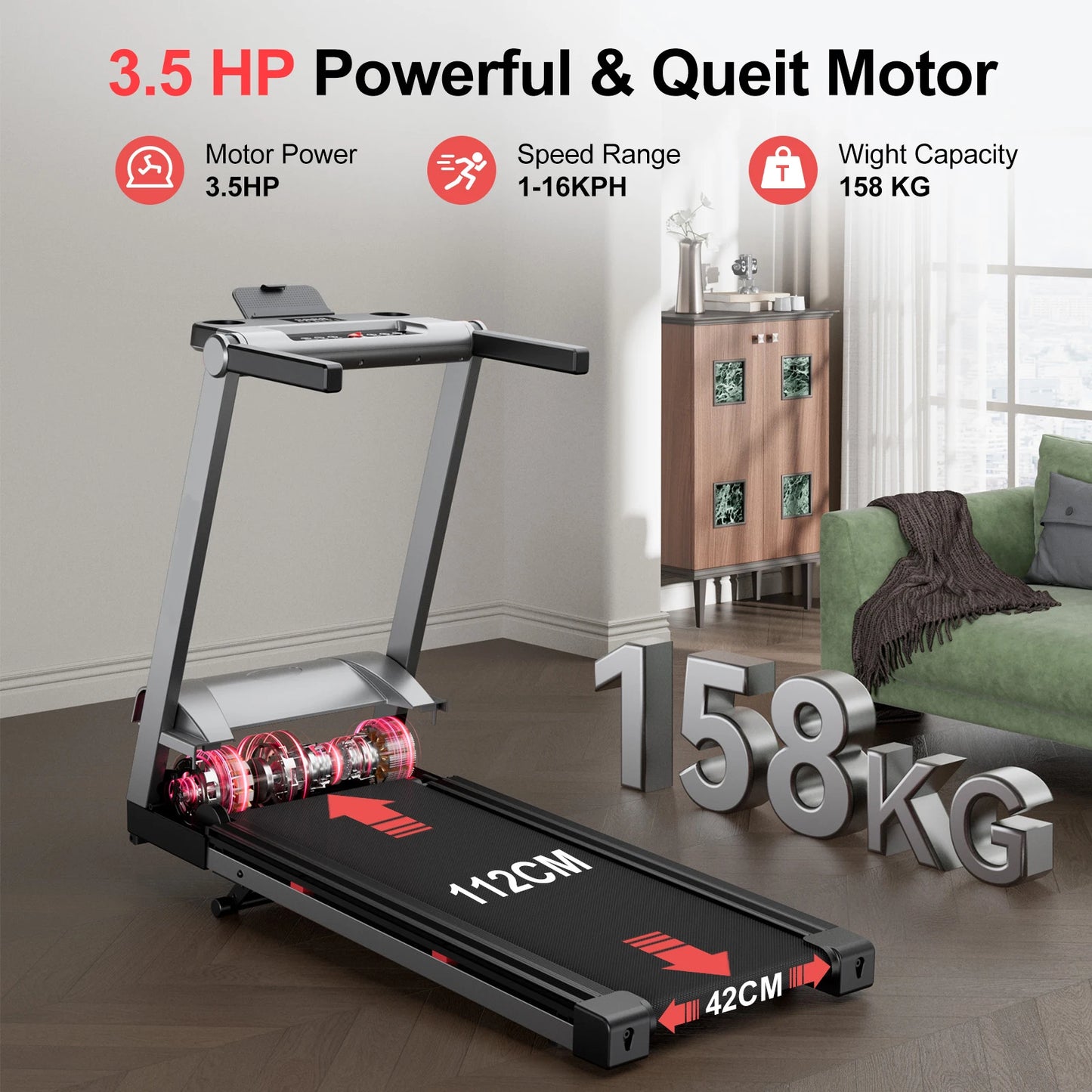 Superun 3.5HP Foldable Incline Treadmill With Handle Bar Holder Touch Screen And Smart App Data Monitoring