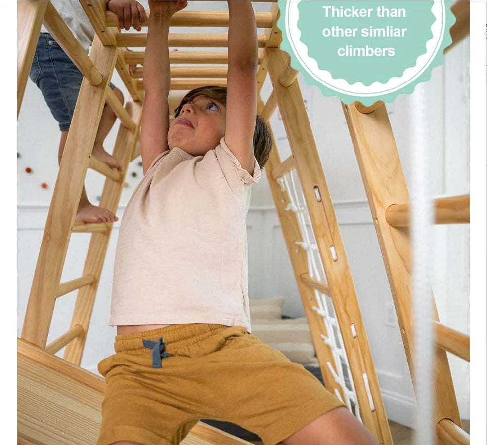 Indoor 6-in-1 Wooden Jungle Gym Climber Slide and Rock Wall Playset