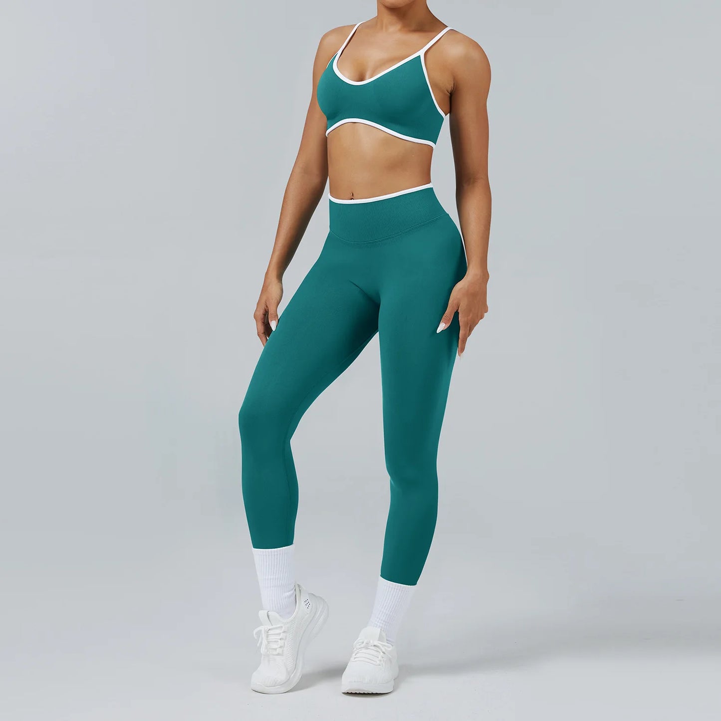 Two Piece Strappy Seamless Sports Bra And High Waist Leggings Set For Women