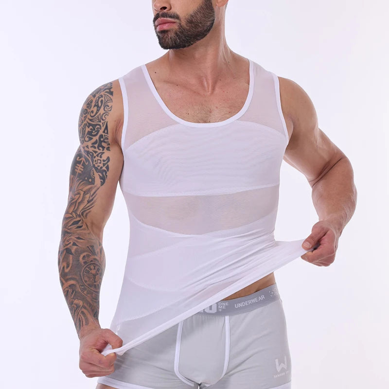 LALAMELONC Mens Cross Mesh Vest Shapewear Compression Tank Top