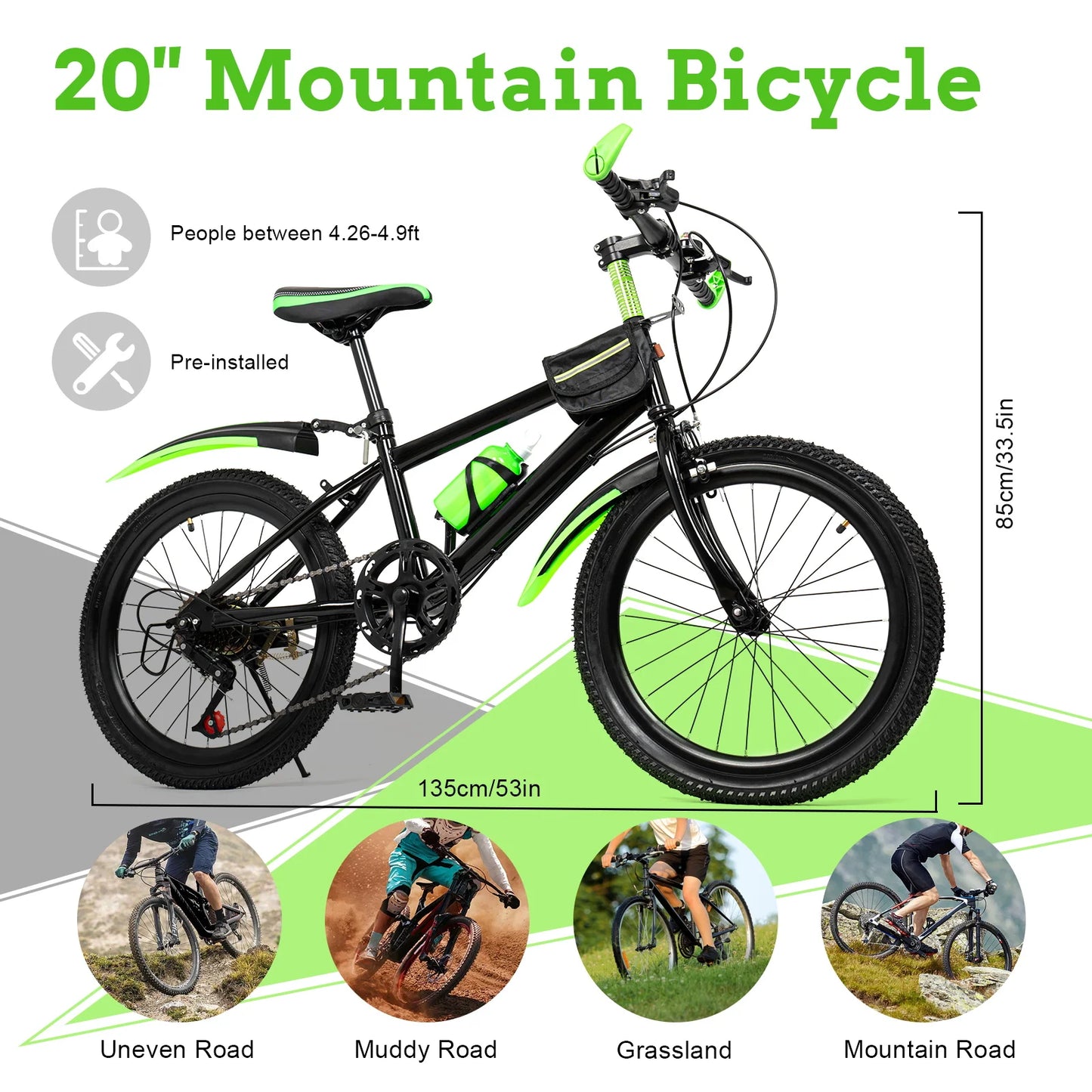 Kids Mountain Bike Adjustable With Storage Bag And Bell