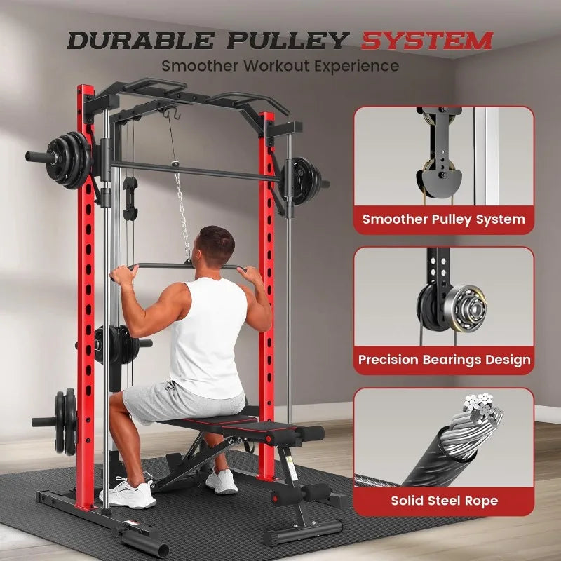 OPPSDECOR Smith Machine Power Rack All in One Home Gym Power Cage with LAT Pulldown