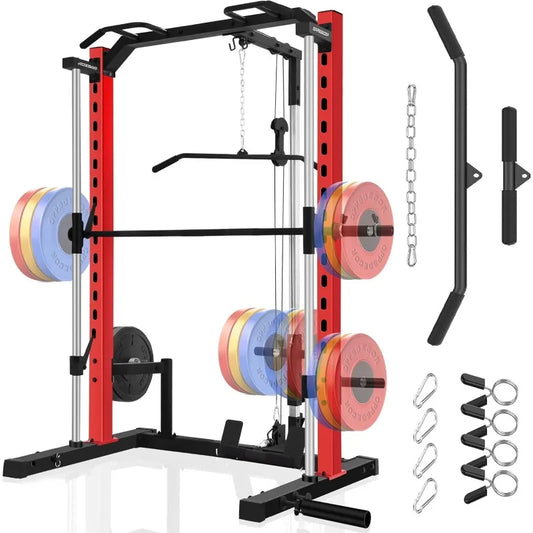 OPPSDECOR Smith Machine Power Rack All in One Home Gym Power Cage with LAT Pulldown