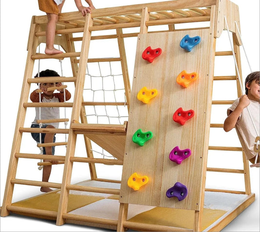 Indoor 6-in-1 Wooden Jungle Gym Climber Slide and Rock Wall Playset