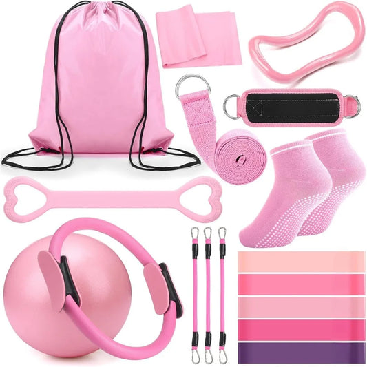18 Women's Fitness Accessories Set with Pilates Balls Stretching Straps and Rings