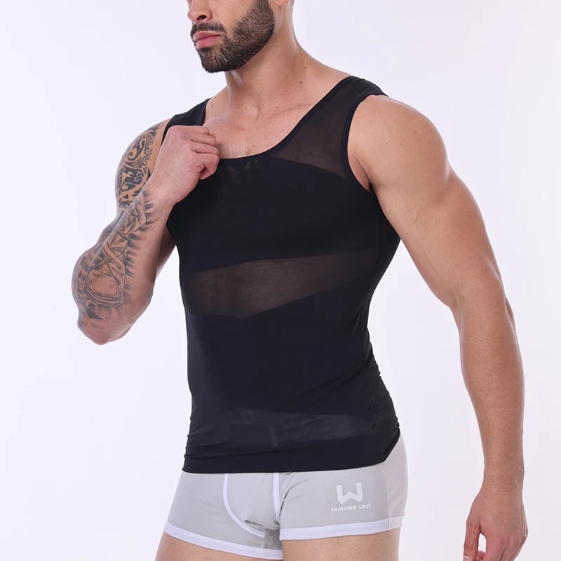 LALAMELONC Mens Cross Mesh Vest Shapewear Compression Tank Top