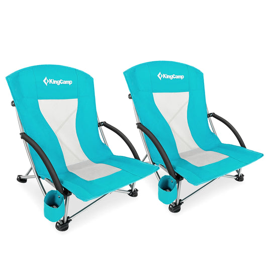 KingCamp 2 Low Seat Beach Chair Folding Chairs, Camping Concert, with Armrests and Cup Holder