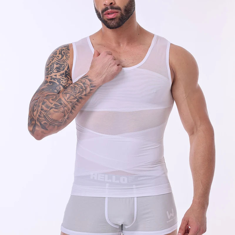LALAMELONC Mens Cross Mesh Vest Shapewear Compression Tank Top
