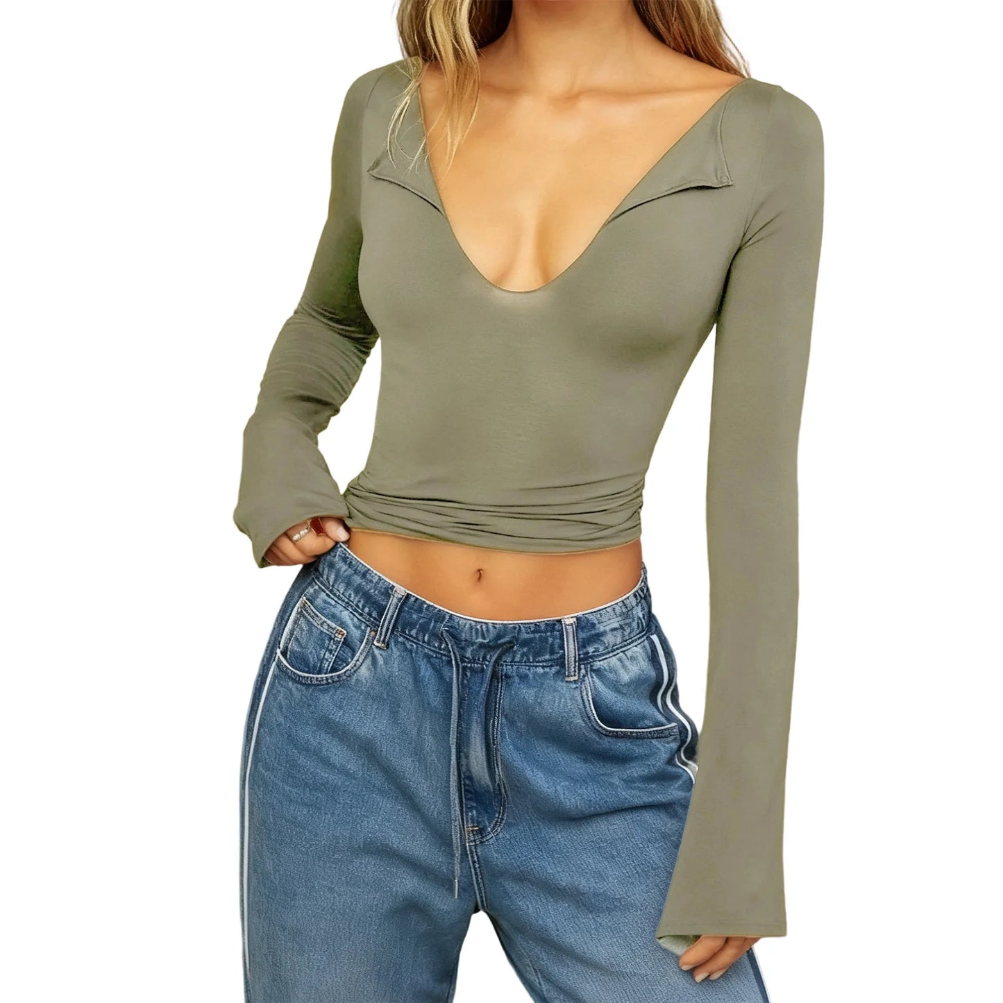 Womens Long Sleeve V Neck Yoga Gym Base Layer Shirt