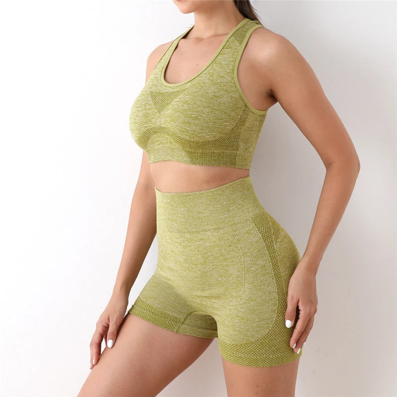 Seamless Women Yoga Set Long Sleeve Crop Top High Waist Leggings